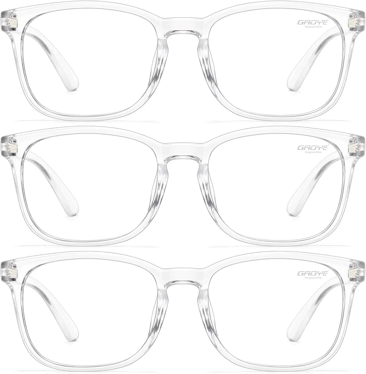 Essential Selects blue light blocking glasses for women with clear, lightweight polycarbonate frames and anti-glare lenses.