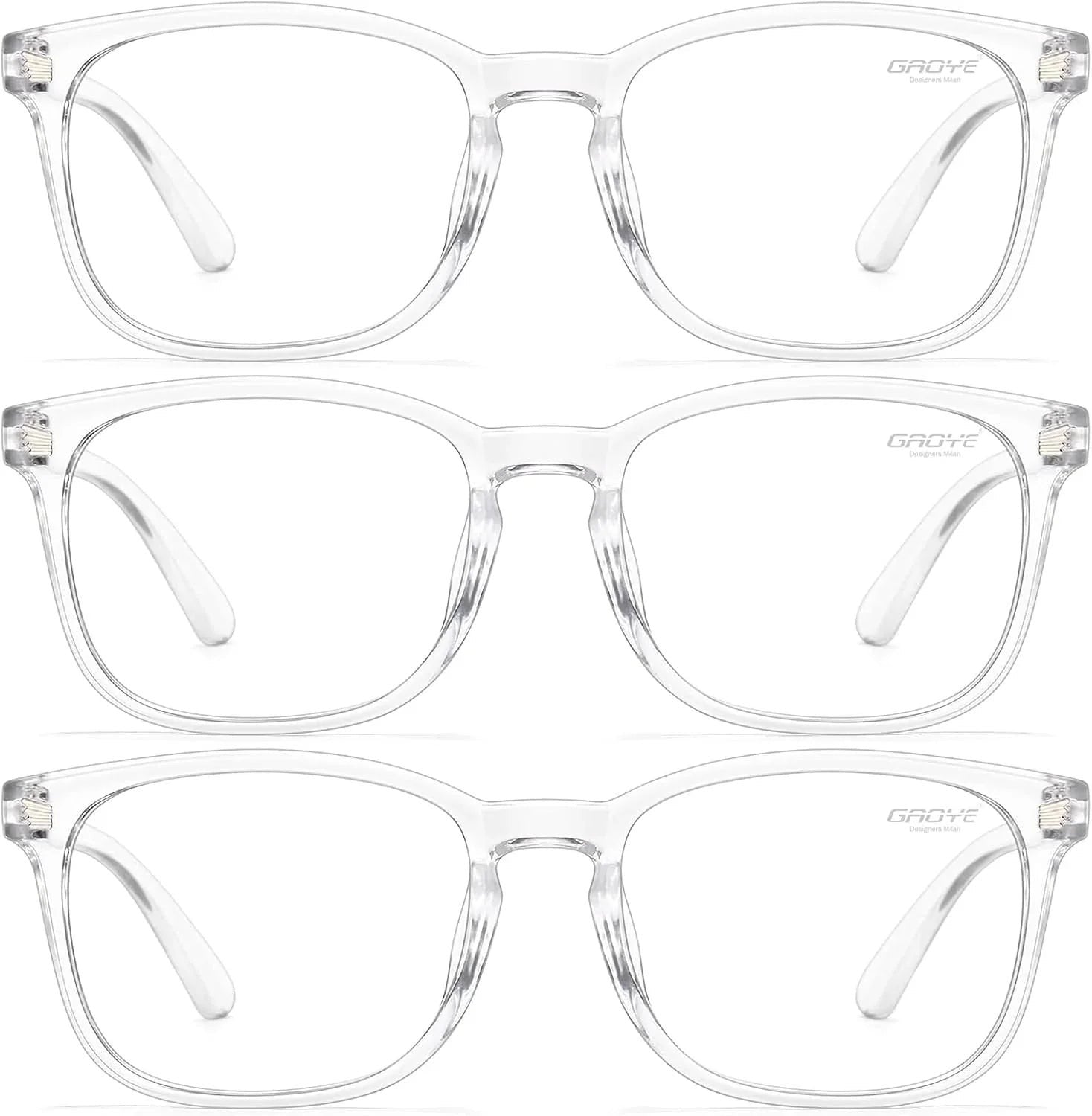Essential Selects blue light blocking glasses for women with clear, lightweight polycarbonate frames and anti-glare lenses.