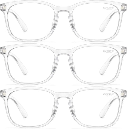 Essential Selects blue light blocking glasses for women with clear, lightweight polycarbonate frames and anti-glare lenses.