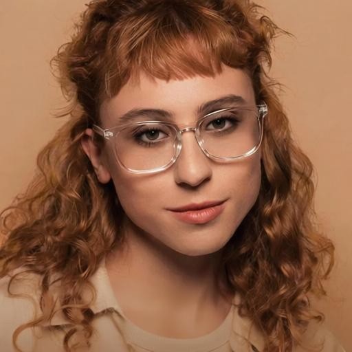 Essential Selects women wearing clear frame blue light blocking glasses with amber-tinted lenses for eye strain relief