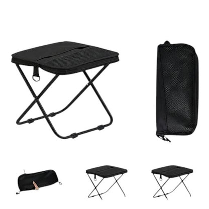 Essential Selects matte black ultralight collapsible stool with aluminum frame and nylon seat, shown folded and open.