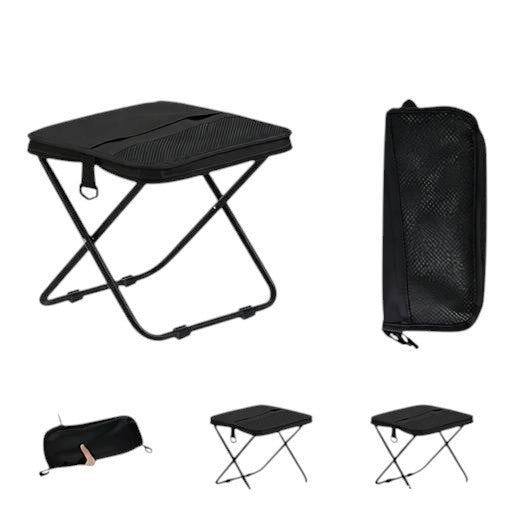 Essential Selects matte black ultralight collapsible stool with aluminum frame and nylon seat, shown folded and open.