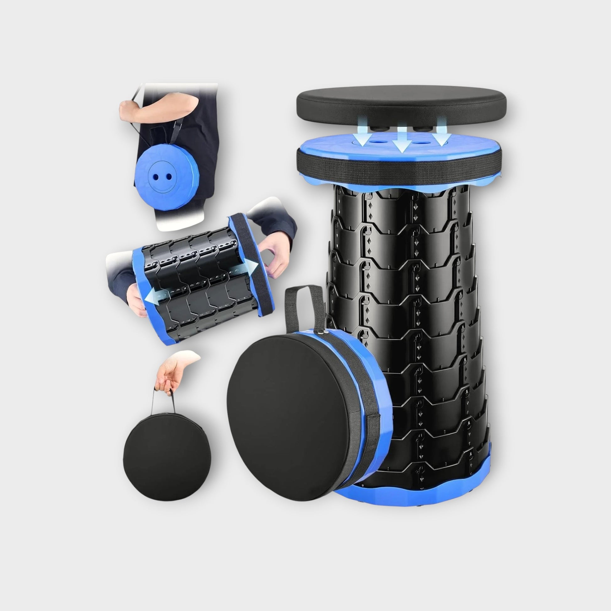 Essential Selects blue and black collapsible camping stool with a detachable cushioned seat and carry strap.