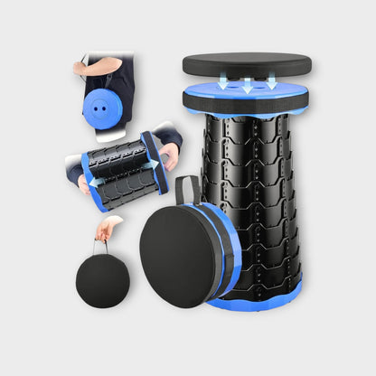 Essential Selects blue and black collapsible camping stool with a detachable cushioned seat and carry strap.