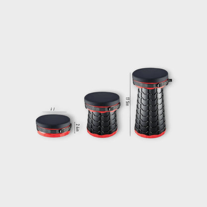 Essential Selects red collapsible camping stool showing telescopic height adjustment from 2.4 to 17.5 inches