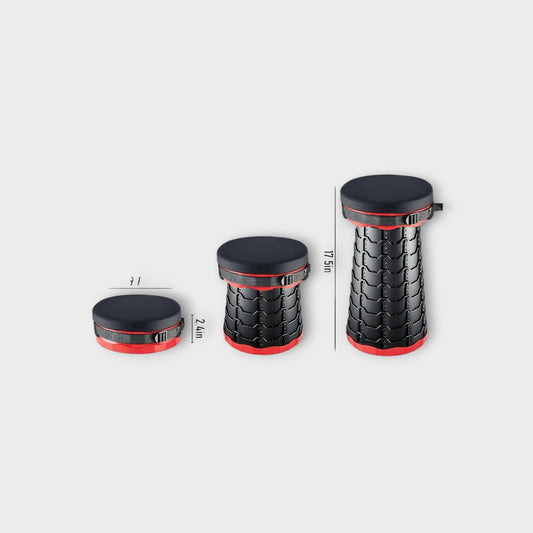 Essential Selects red collapsible camping stool showing telescopic height adjustment from 2.4 to 17.5 inches