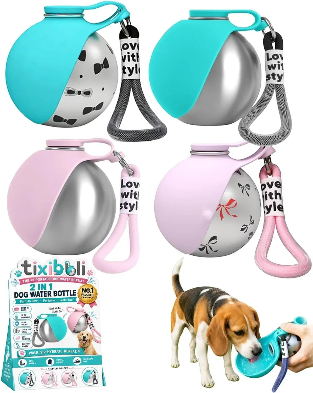 Essential Selects 2-in-1 stainless steel dog water bottle with collapsible silicone bowl for portable pet hydration