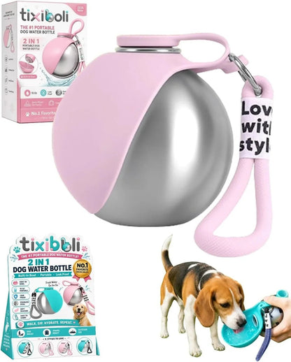 Essential Selects pink and stainless steel 10 oz collapsible dog water bottle with a built-in silicone drinking bowl.