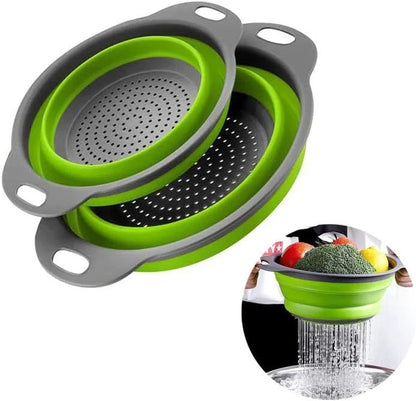 Essential Selects 2-pack green and grey silicone collapsible colanders for space-saving kitchen food draining