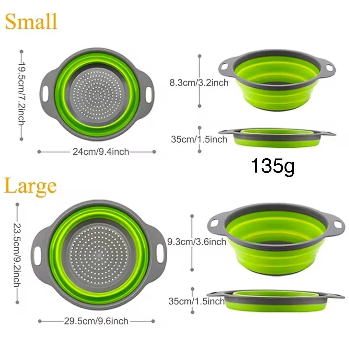 Essential Selects 2-piece green and grey silicone collapsible colander set showing dimensions for large and small sizes