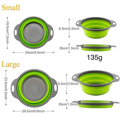 Essential Selects 2-piece green and grey silicone collapsible colander set showing dimensions for large and small sizes