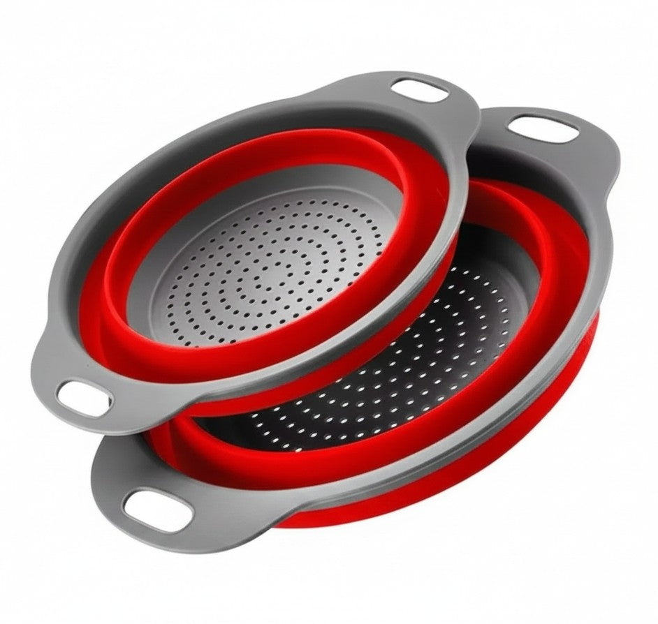 Essential Selects 2-piece red and grey silicone collapsible colander set with ergonomic handles for easy storage.