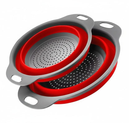 Essential Selects 2-piece red and grey silicone collapsible colander set with ergonomic handles for easy storage.