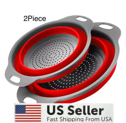 Essential Selects 2-piece red and grey silicone collapsible colander set for draining pasta and washing vegetables