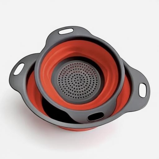 Essential Selects 2-piece red and grey silicone collapsible colander set with ergonomic handles for kitchen storage