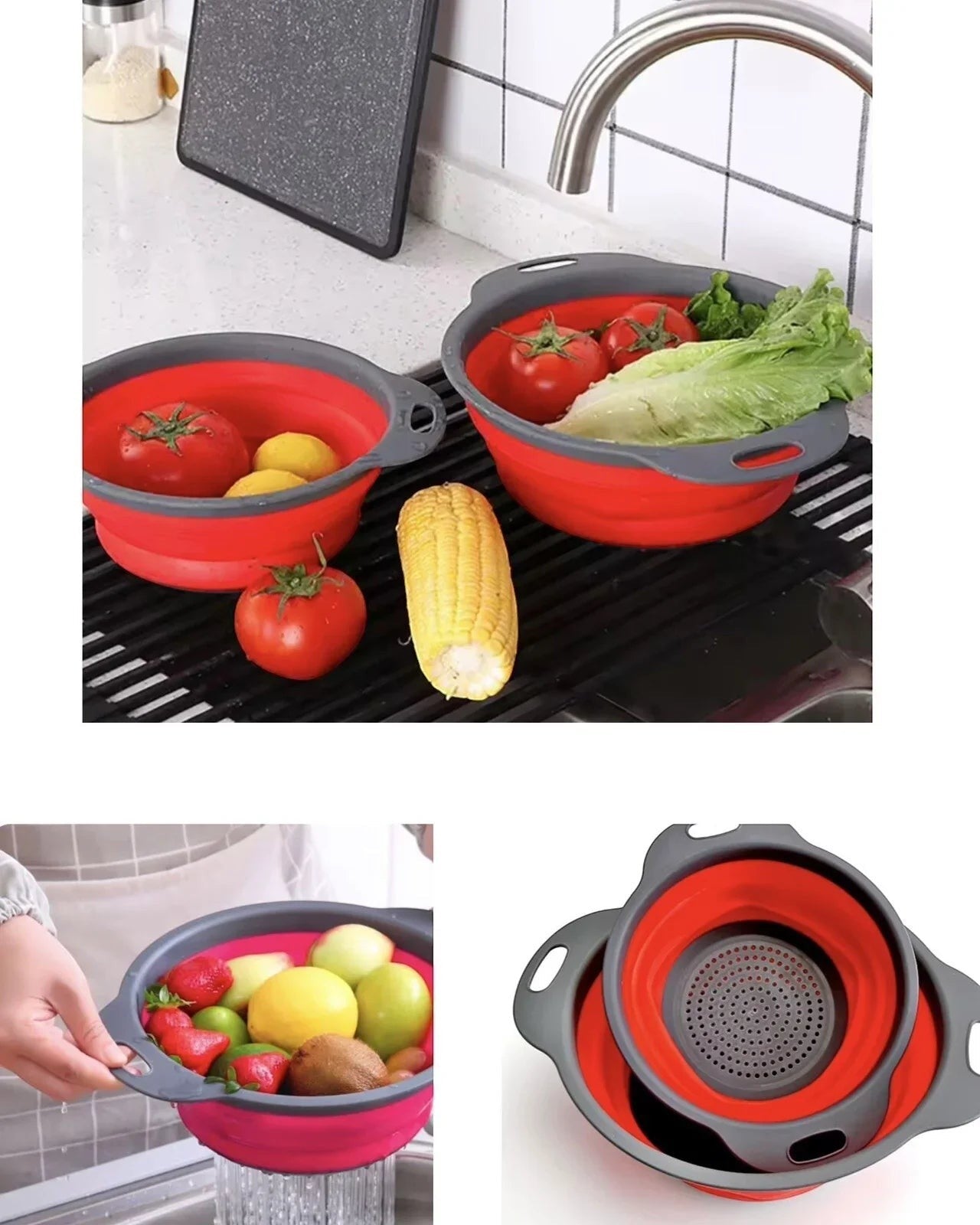 Essential Selects 2-piece red silicone collapsible colander set for rinsing vegetables and fruit in a kitchen sink