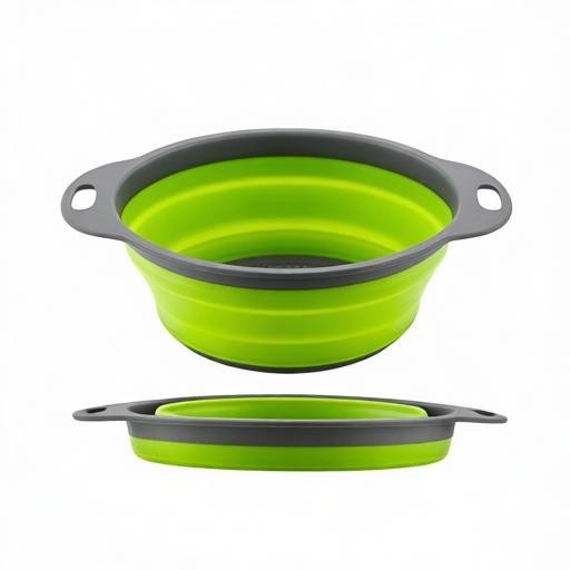 Essential Selects collapsible green silicone colander shown in both expanded and folded positions for storage
