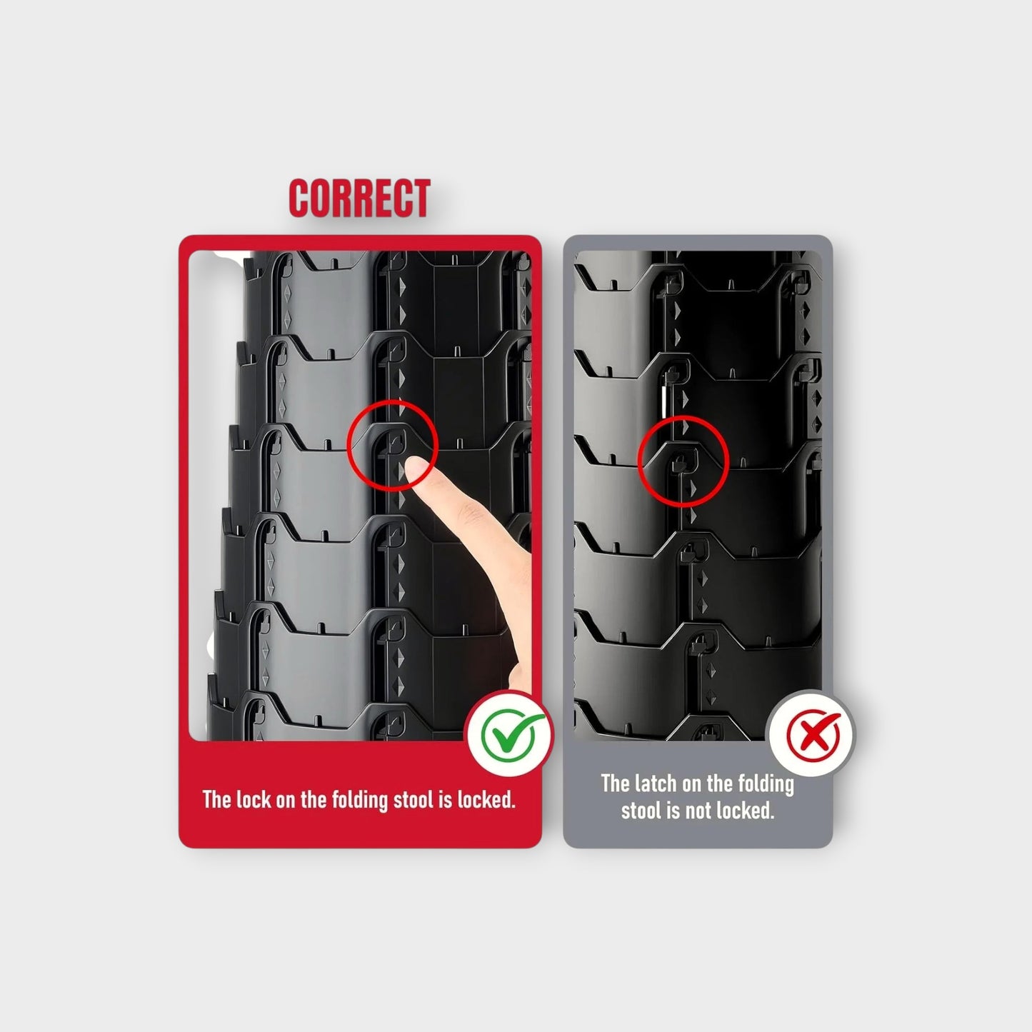 Essential Selects portable camping stool showing correct and incorrect latch locking positions for safety.