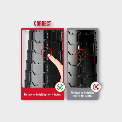 Essential Selects portable camping stool showing correct and incorrect latch locking positions for safety.