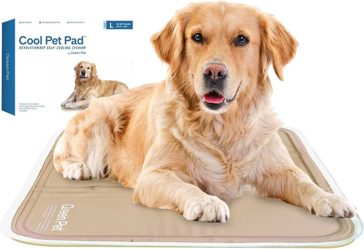 Essential Selects large golden retriever resting on a beige self-cooling gel pet pad for comfort in hot weather.