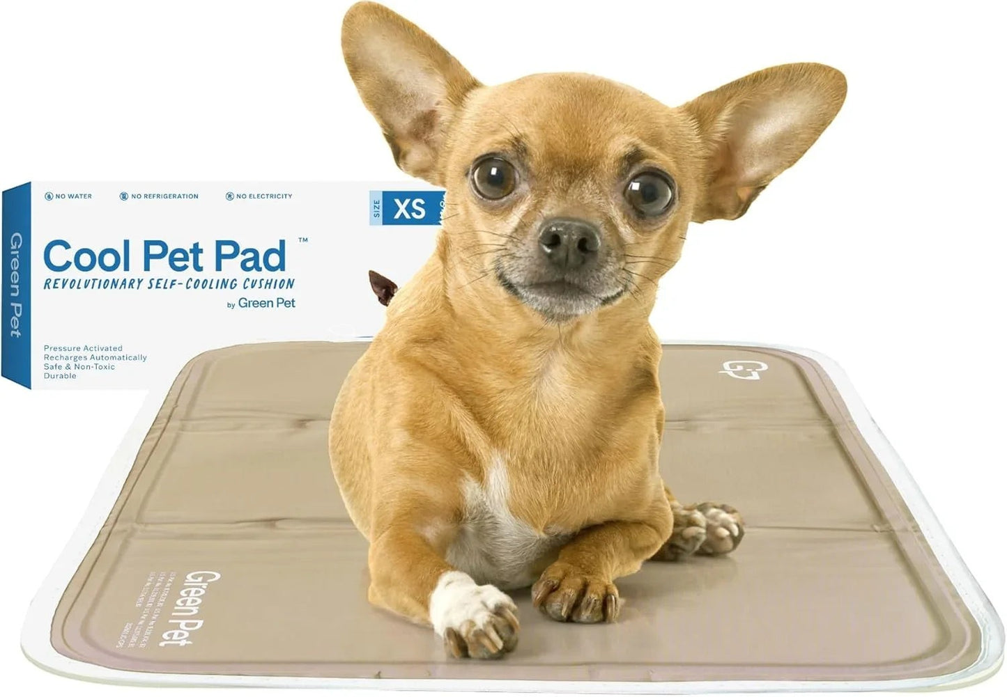 Essential Selects self-cooling gel pet pad with a small brown dog resting on it for comfort in warm weather