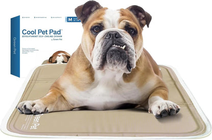 Essential Selects The Green Pet Shop self-cooling gel pet pad with a bulldog resting comfortably on the beige mat.