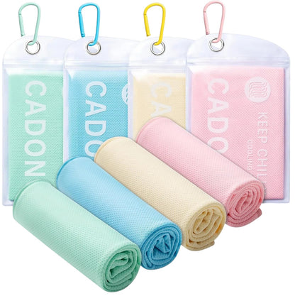 Essential Selects 4-pack of CADONO microfiber cooling towels in green, blue, yellow, and pink with carry pouches.