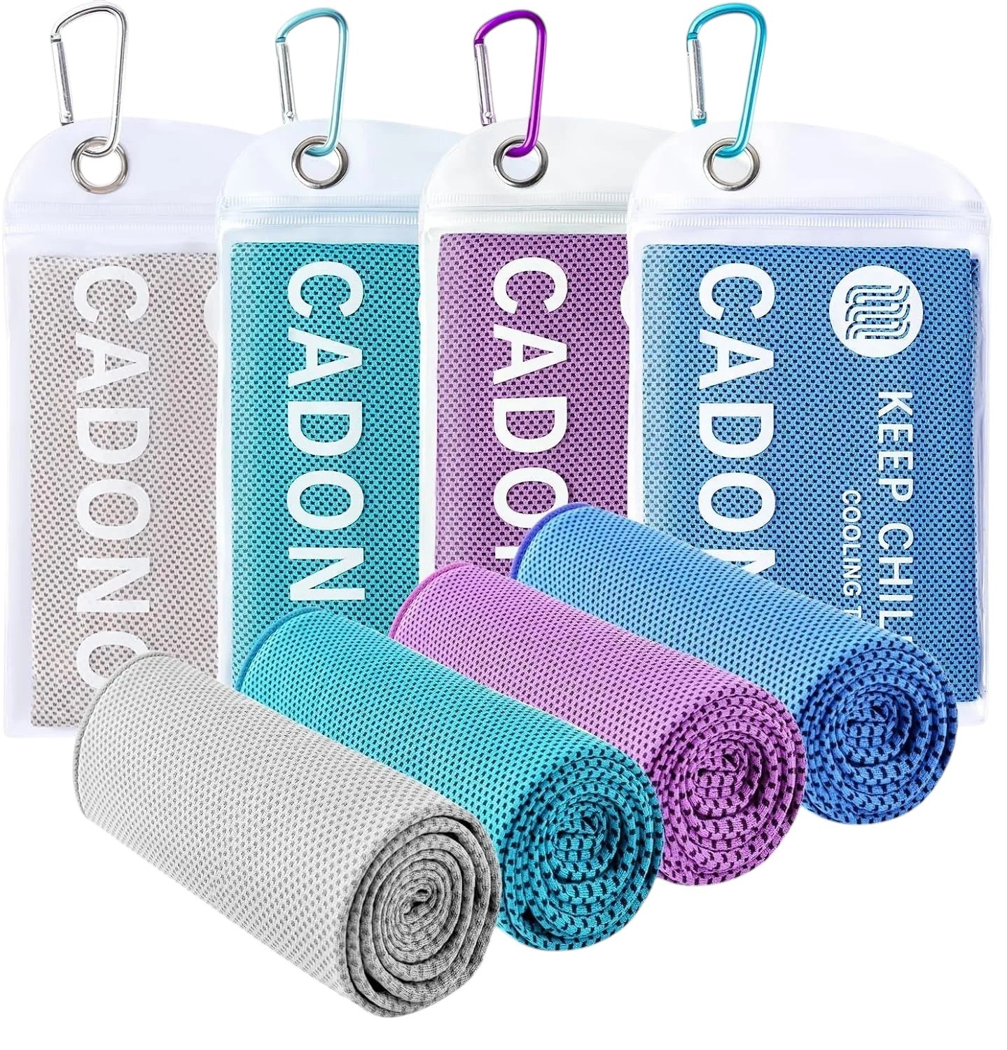 Essential Selects 4-pack of CADONO microfiber cooling towels in grey, blue, purple, and light blue with carry pouches.