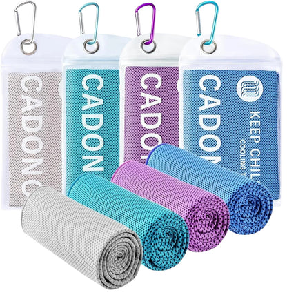 Essential Selects 4-pack of CADONO microfiber cooling towels in grey, blue, purple, and light blue with carry pouches.