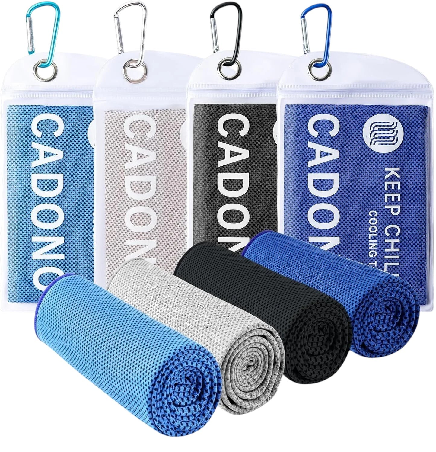 Essential Selects 4-pack of CADONO microfiber cooling towels in blue, grey, and black with matching carry pouches.