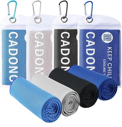 Essential Selects 4-pack of CADONO microfiber cooling towels in blue, grey, and black with matching carry pouches.