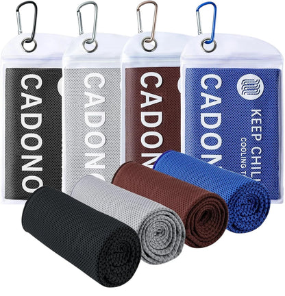 Essential Selects 4-pack of CADONO microfiber cooling towels in black, grey, brown, and blue with carry pouches.