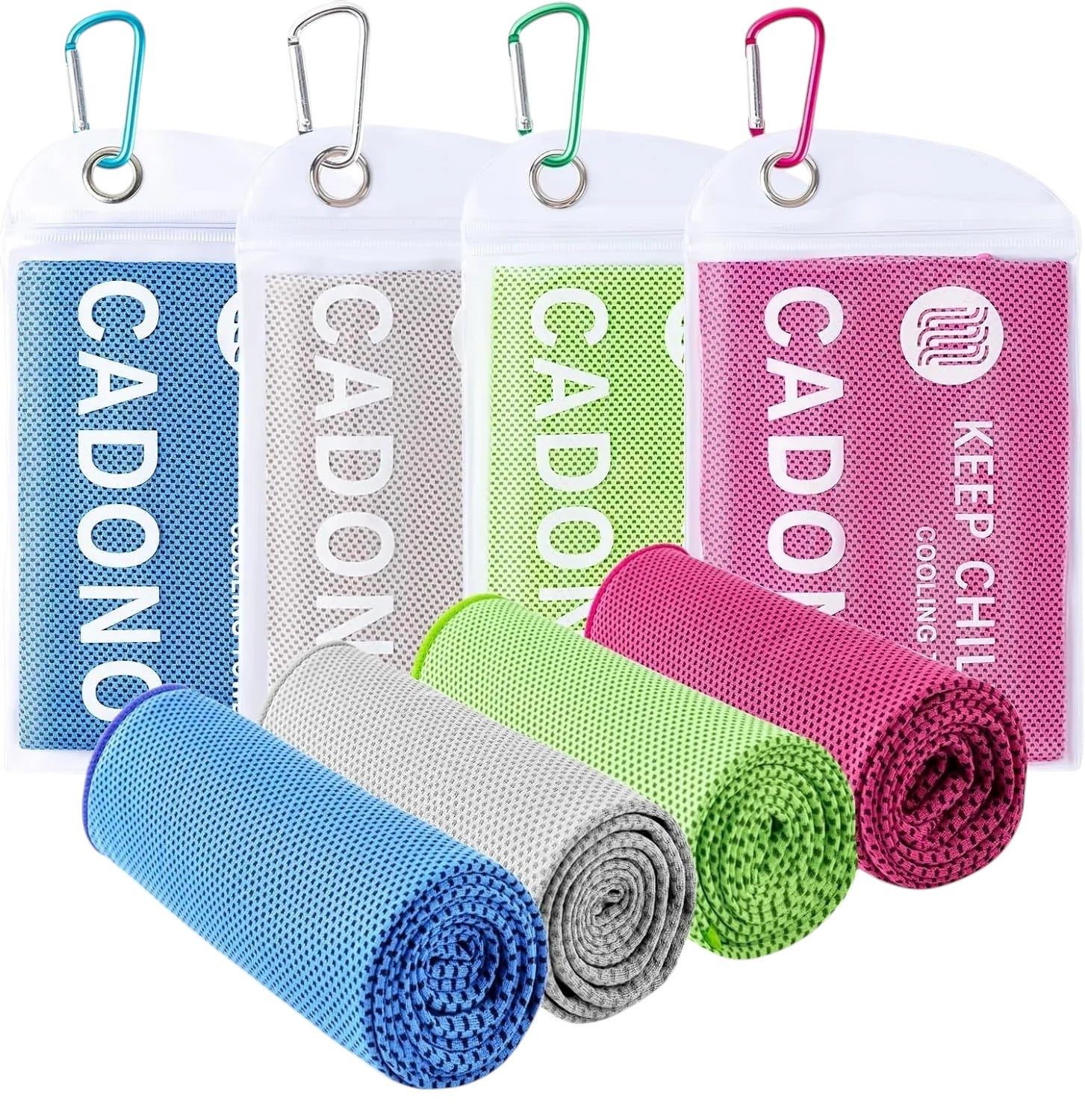 Essential Selects 4-pack of CADONO microfiber cooling towels in blue, grey, green, and pink with waterproof pouches.