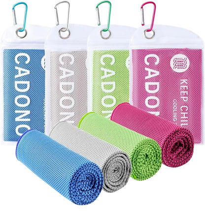 Essential Selects 4-pack of CADONO microfiber cooling towels in blue, grey, green, and pink with waterproof pouches.