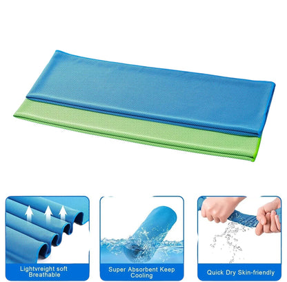 Essential Selects cooling towels in blue and green mesh microfiber fabric for sports and outdoor heat relief