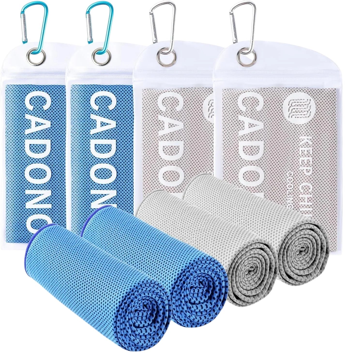 Essential Selects 4-pack of CADONO microfiber cooling towels in blue and grey with waterproof carrying pouches