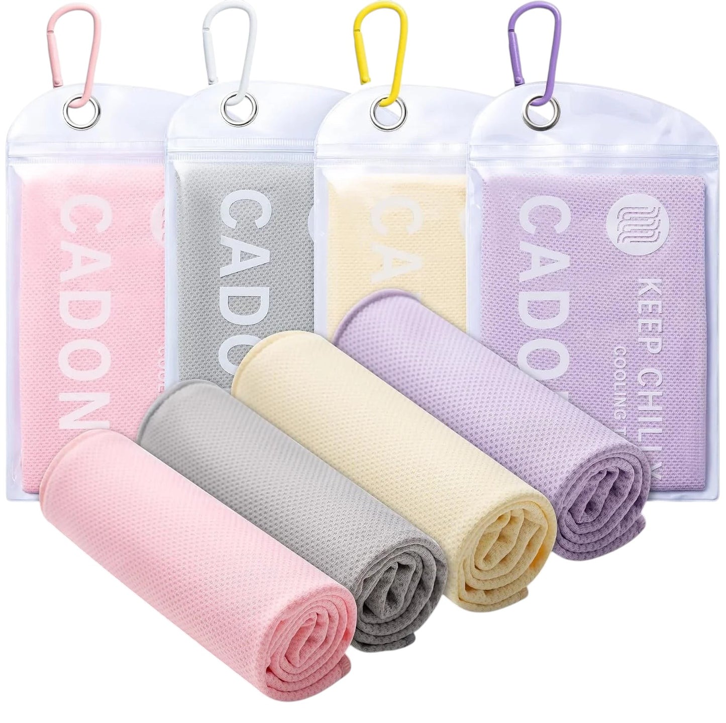 Essential Selects 4-pack of soft microfiber cooling towels in pink, grey, yellow, and purple with carry pouches.