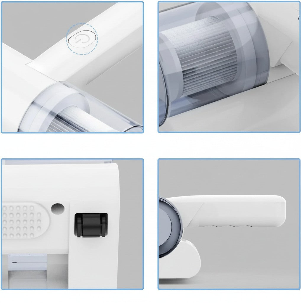 Essential Selects cordless mattress vacuum showing power button, HEPA filter, vibration pad, and ergonomic handle.