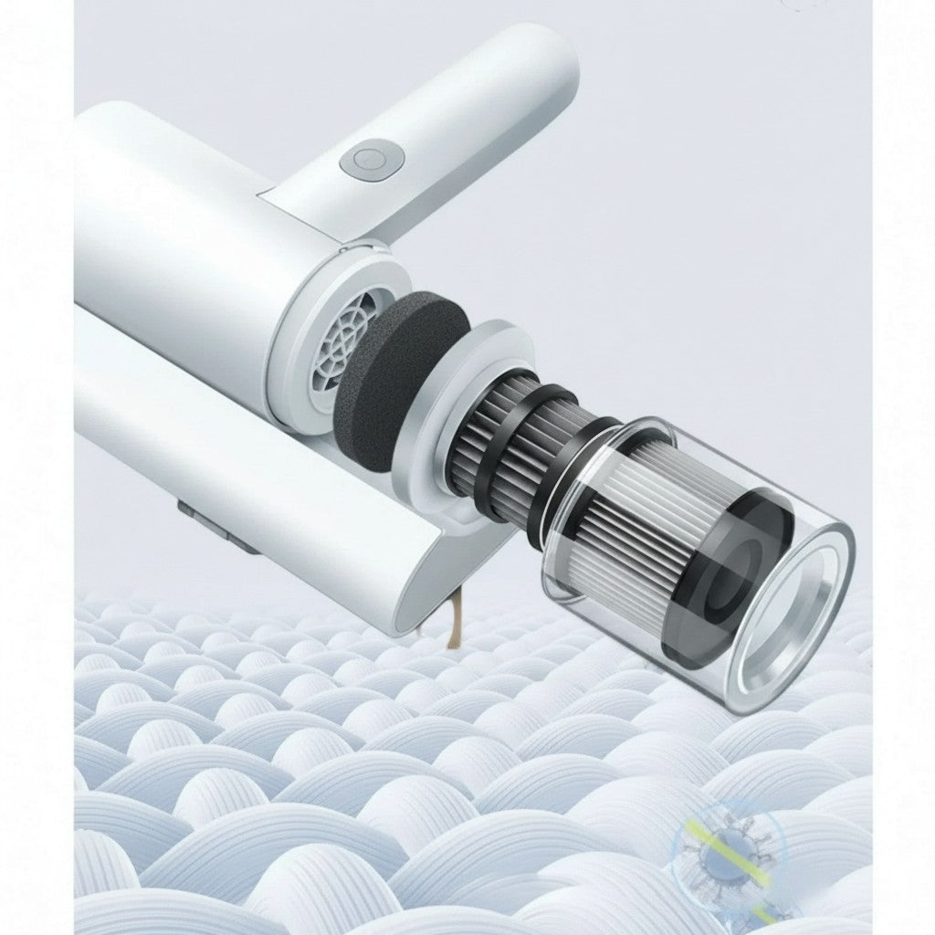 Essential Selects cordless mattress vacuum showing the removable HEPA filter and dust bin assembly for easy cleaning.