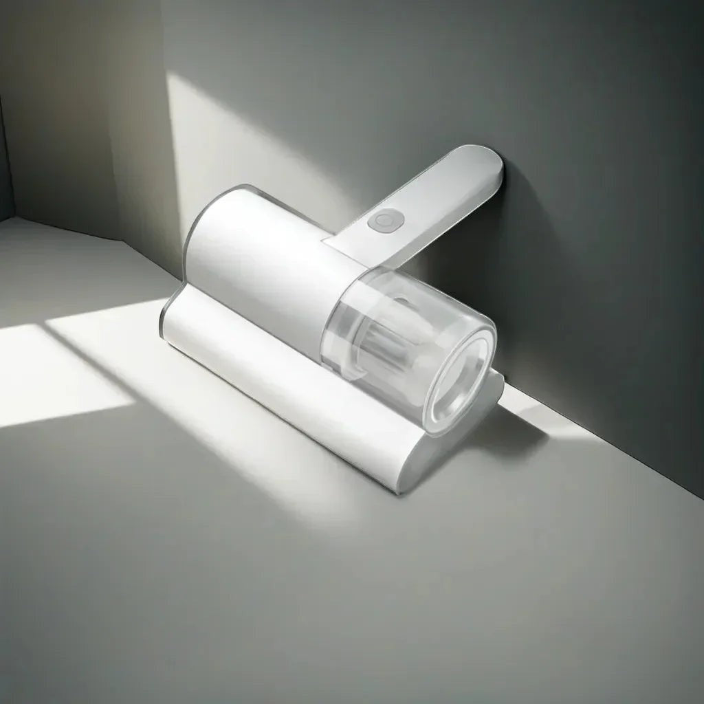 Essential Selects cordless mattress vacuum in white with a transparent dust bin and wide cleaning head for mite removal.