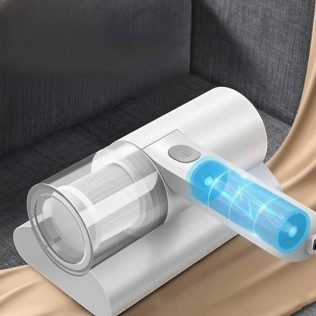 Essential Selects cordless mattress vacuum with UV light and HEPA filter for deep cleaning beds and fabric surfaces.
