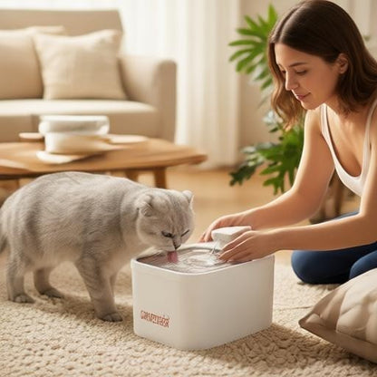 Essential Selects CrazyDeer white wireless pet water fountain with a cat drinking from it in a cozy living room.