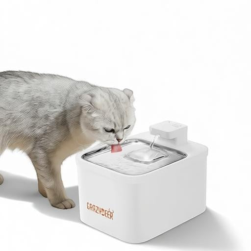 Essential Selects CrazyDeer white wireless pet water fountain with stainless steel top being used by a cat