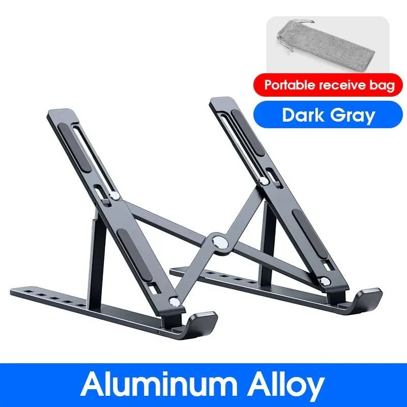 Essential Selects dark gray adjustable aluminum alloy laptop stand with a portable storage bag for office use
