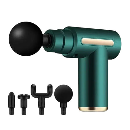 Essential Selects dark green portable deep tissue percussion massage gun with four interchangeable heads