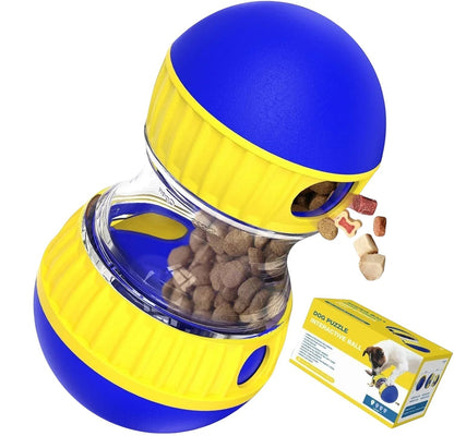 Essential Selects interactive blue and yellow plastic treat-dispensing dog puzzle toy with adjustable holes.