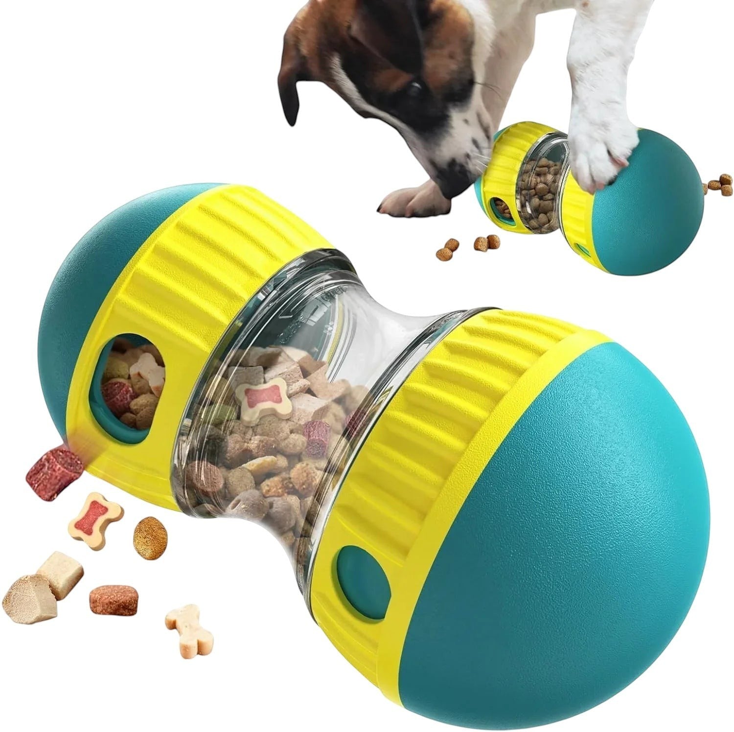 Essential Selects green and yellow interactive treat-dispensing dog puzzle toy with transparent kibble storage