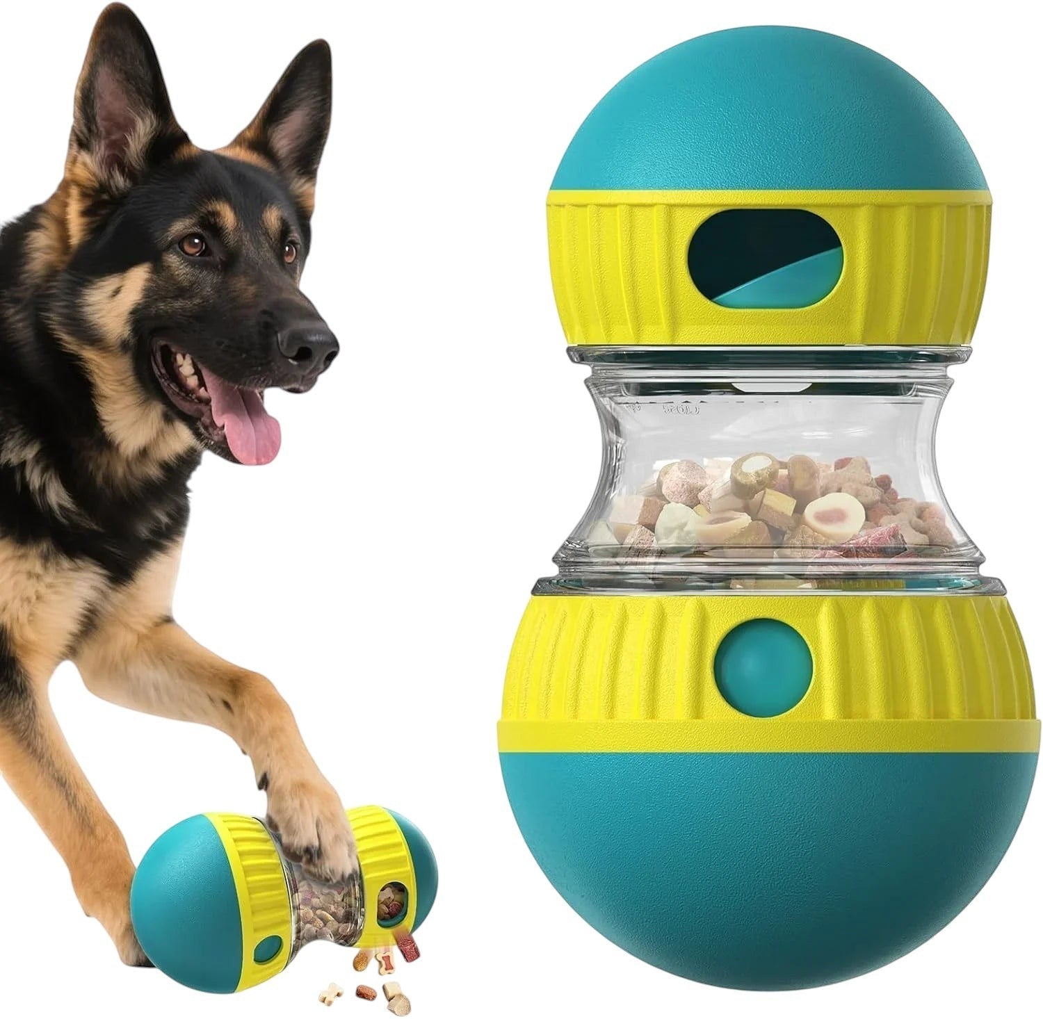 Essential Selects interactive dog puzzle toy with green and yellow ABS plastic, featuring a transparent treat chamber.