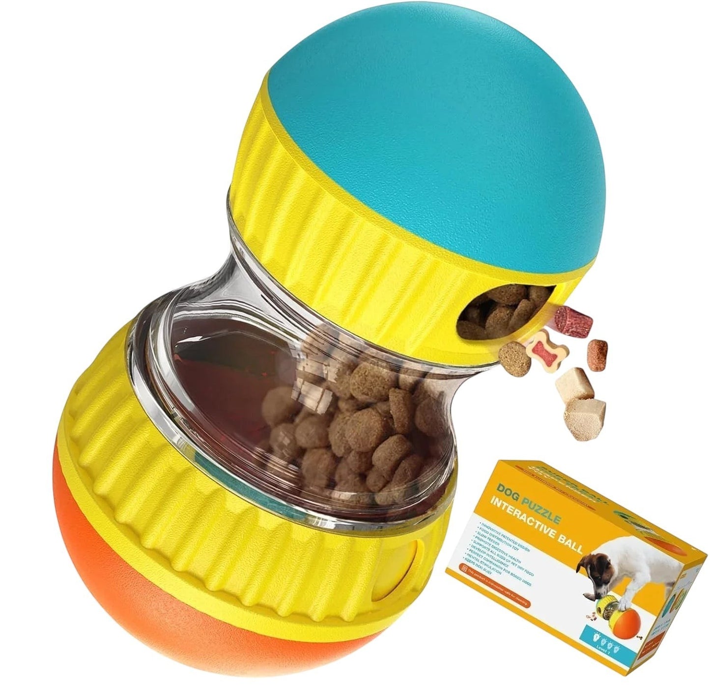 Essential Selects interactive treat-dispensing dog puzzle toy in green, yellow, and orange ABS plastic.