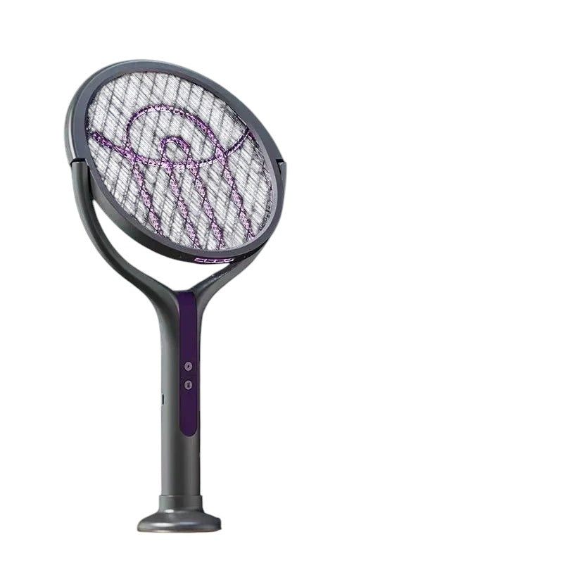 Essential Selects rechargeable electric mosquito swatter with purple light trap, rotating mesh, and charging base.